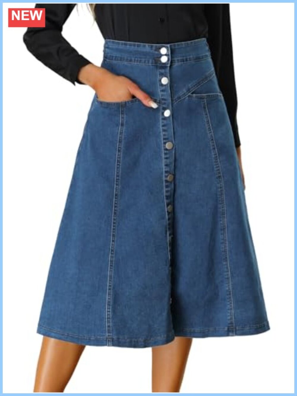 A-Line Button Down Midi Denim Skirt Casual Lightweight Jean Skirt